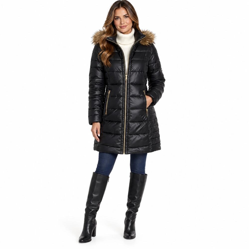 Gallery Womens Hooded Puffer Coat Small Black Quilted Faux Fur Full Zip Winter
